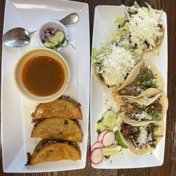 Birria tacos, carnitas taco, pastor taco, carne asada taco, and beef sopes