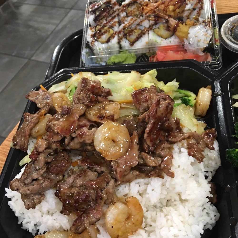 Hibachi shrimp and beef. Shrimp tempura rolls. Hibachi shrimp and beef. Shrimp tempura rolls.