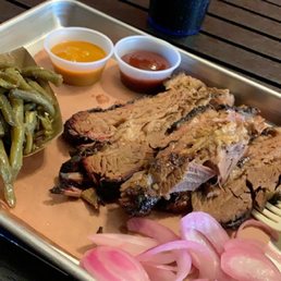 Brisket, green beans pickled onions