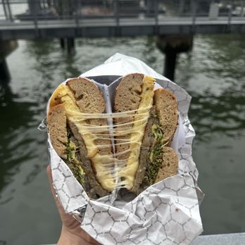 Leo's Bagels - Whole wheat everything bagel with turkey maple sausage, egg, harvarti cheese, sautéed onions, and alfalfa sprouts, - Coffee & Tea Near Me - New York, New York