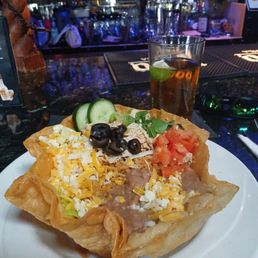 Shredder chicken taco salad,  refried beans and rice. Yummy