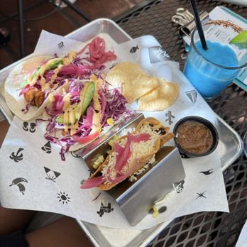 Diego Pops - Blue Raspberry margarita, steak taco and shrimp tacos.   Grilled Shrimp Beef Machaca - Cocktail Bars Near Me - Scottsdale, Arizona