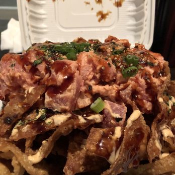 Grind Wit Tryz - Poke Nachos: fried wonton chips topped with spicy ahi and drizzled with unagi sauce. - Filipino Near Me - Portland, Oregon Grind Wit Tryz - Poke Nachos: fried wonton chips topped with spicy ahi and drizzled with unagi sauce. - Filipino Near Me - Portland, Oregon