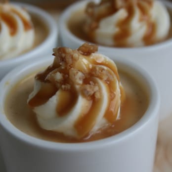 Savory - Pumpkin Panna cotta with caramel drizzles and pralines - Caterers Near Me Savory - Pumpkin Panna cotta with caramel drizzles and pralines - Caterers Near Me
