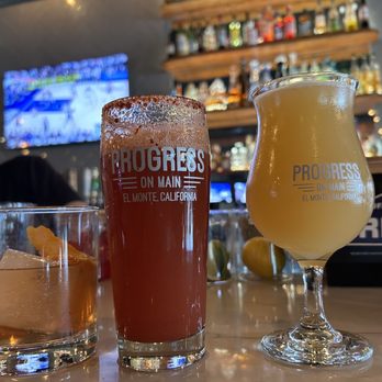 Progress On Main - Left to right: Old fashion, michelada, and a mango cart - Cocktail Bars Near Me - El Monte, California Progress On Main - Left to right: Old fashion, michelada, and a mango cart - Cocktail Bars Near Me - El Monte, California