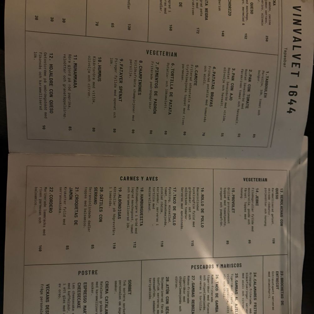 Vinvalvet 1644 - Menu - Spanish Near Me - Stockholm, Alberta