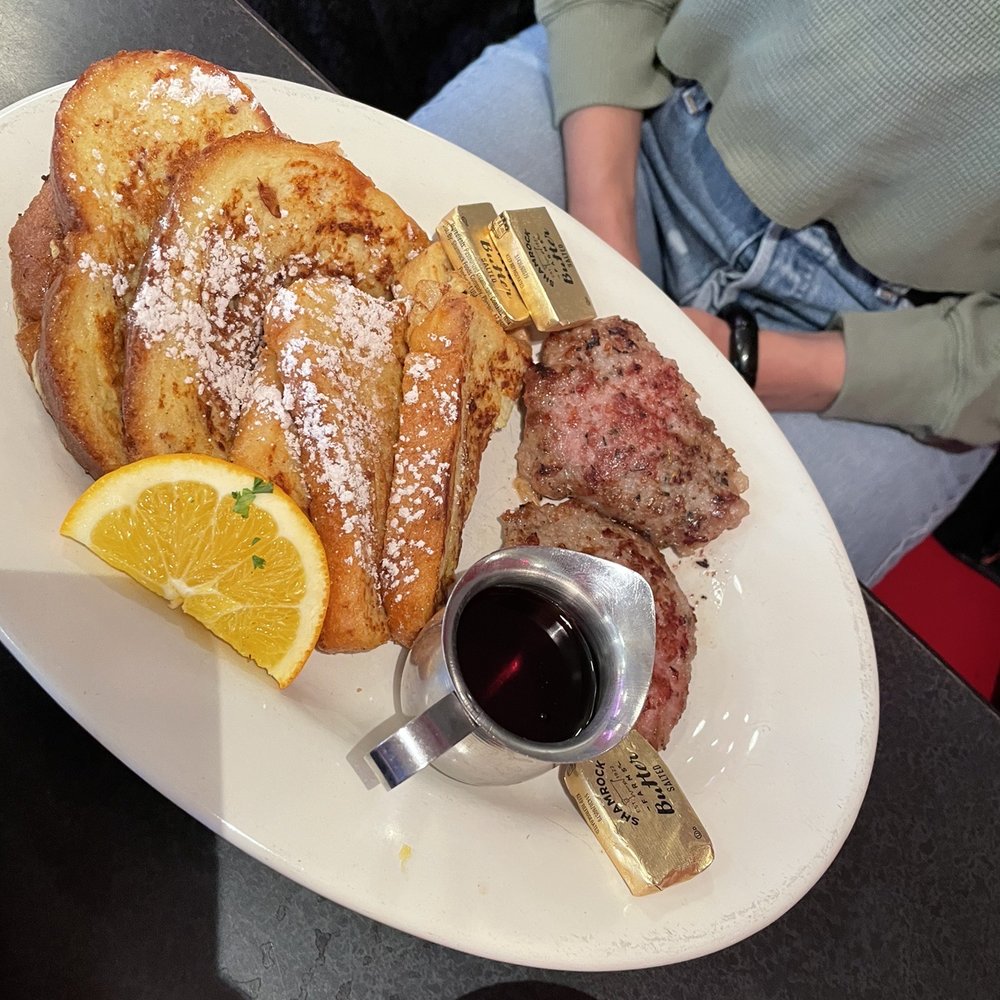 Joe's Dining - French toast with homemade sausage patties. - Pizza Near Me - Santa Fe, New Mexico Joe's Dining - French toast with homemade sausage patties. - Pizza Near Me - Santa Fe, New Mexico