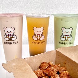 Hyper Tea - Assam black milk tea w/ pudding, passion fruit green tea w/ boba, matcha milk tea, spicy popcorn chicken