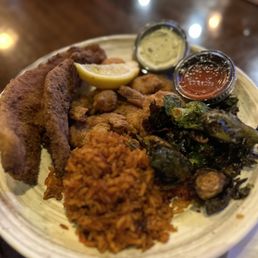 Fried Trio - flounder and shrimp, red rice, fried Brussels sprouts!