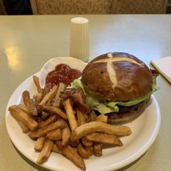 Creelman Hall - Gryphon burger with fries.