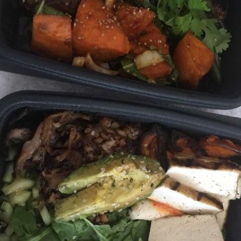 Flower Child - Mother Earth with tofu, and also the 'pick 3' with the green beans, sweet potato and their phenomenal eggplant - Salad Near Me - Houston, Texas