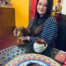 A woman with long dark hair, glasses, and a striped shirt sits at a cafe table holding a dachshund puppy. The cafe has vibrant yellow and red walls, decorative vases, and colorful tableware.