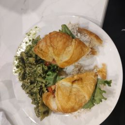 Chicken salad on croissant with pesto pasta salad Chicken salad on croissant with pesto pasta salad
