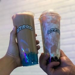 HabibTea - Lavender Milk Tea with Blueberry Hearts & Taro Pudding Red Guava + Honeydew Milk Tea with Honey Boba & Salted Cheese