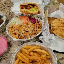 Bereket Market Place - Chicken Gyro: Seasoned chicken served w/ rice, salad & pita bread. Falafel appetizer w/ hummus. Fries. Beet dip. Chicken Gyro wrap.