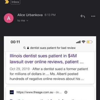 Preserve Your Teeth Dentistry - This is a screenshot of an email I just received from Dr. Urbankova threatening to sue me for my review. - Cosmetic Dentists Near Me - New York, New York