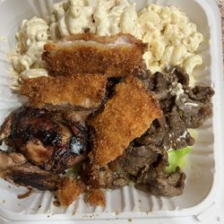 Hawaiian BBQ Mix (substituted BBQ Beef for Chicken Katsu but they got that wrong). Also triple mac, no rice.