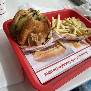 In-N-Out Burger - 1 Dbl-Dbl -Spread +WholeGrill +Ketchup Extra Pickle +Chilies 1 Fry 1 Med Soft Drink - Burgers Near Me - Glendale, California