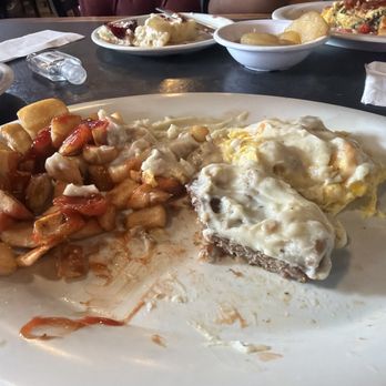 Big Ed's North Restaurant - Home Fries scrambled eggs spicy sausage and sausage gravy too much to finish! - Southern Near Me - Raleigh, North Carolina