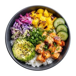 BAMBOO / Healthy Foods - Hawaiian Bowl with grilled salmon, jasmine rice, avocado, cucumber and rainbow slaw. A tropical-inspired Global Bowl at BAMBOO.