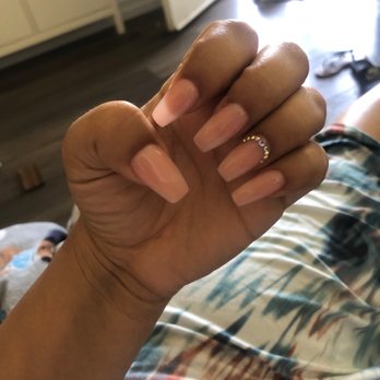 Millennium Nails & Spa - Full set coffin shaped, neutral (light) powder with diamond decal. - Nail Salons Near Me - Riverside, California