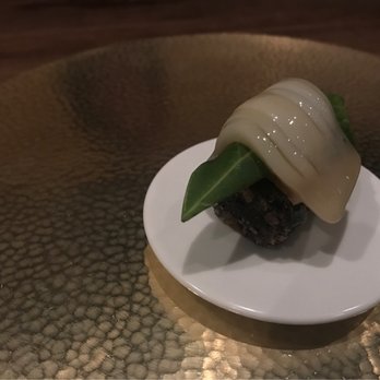 Benu - Small delicacy #5: Squid with shiso leaf wrapped around Korean blood sausage - Asian Fusion Near Me - San Francisco, California Benu - Small delicacy #5: Squid with shiso leaf wrapped around Korean blood sausage - Asian Fusion Near Me - San Francisco, California