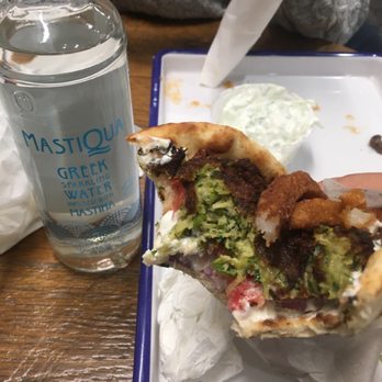 GRECO - Mastiha sparkling water and veggie gyro with zucchini cakes - Greek Near Me - Boston, Massachusetts