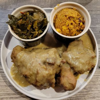 Sweet T's Southern Eatery - Smothered Chicken with Collard Greens and Corn Bread Stuffing - Soul Food Near Me - Montclair, New Jersey