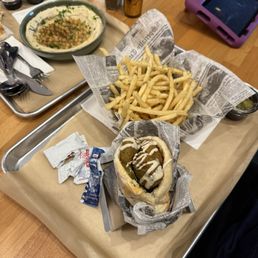 Falafel pita, seasoned fries, and hummus Falafel pita, seasoned fries, and hummus