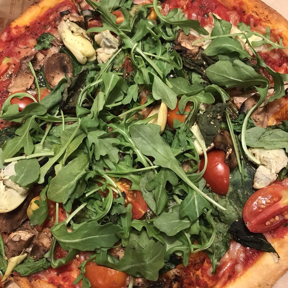 Blaze Pizza - Vegan cheese, regular red sauce, artichokes, mushrooms, tomatoes, basil, spinach, arugula - Pizza Near Me - Mason, Ohio