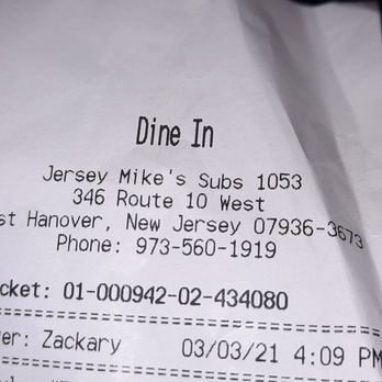 Jersey Mike's Subs - Receipt - Sandwiches Near Me - East Hanover, New Jersey