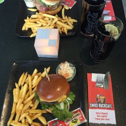 SWR3 Rock Cafe - Local Cheeseburger and Black Forest Ham Burger with fries and Cole slaw