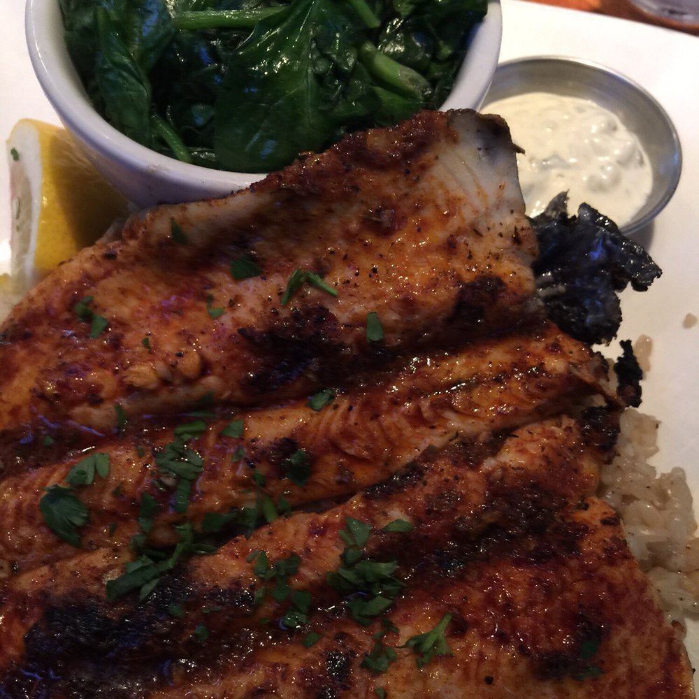 FishBar - Blackened trout with spinach and brown rice. - Seafood Near Me - Manhattan Beach, California FishBar - Blackened trout with spinach and brown rice. - Seafood Near Me - Manhattan Beach, California
