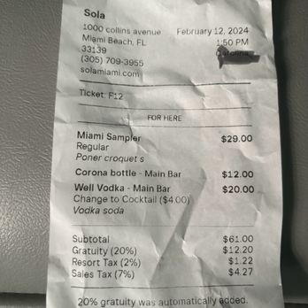 Sola - A bill showing ridiculous prices for basic beverages. - Breakfast & Brunch Near Me - Miami Beach, Florida