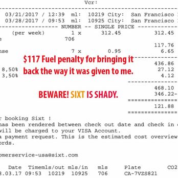 Sixt Rent A Car - Fighting this fuel charge became my full time job. If you decide to do business with Sixt, document EVERYTHING! - Car Rental Near Me - San Francisco, California Sixt Rent A Car - Fighting this fuel charge became my full time job. If you decide to do business with Sixt, document EVERYTHING! - Car Rental Near Me - San Francisco, California