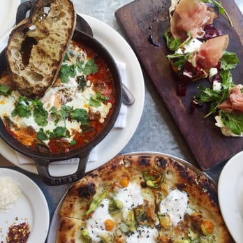 Gjelina - Moroccan baked eggs - grilled peach with burrata, arugula, and speck - squash and burrata pizza - New American Near Me - Venice, California