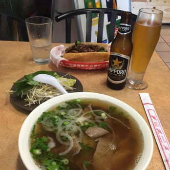 Issaquah Pho - Pho with brisket, pork sandwich and a cold beer - Vietnamese Near Me - Issaquah, Washington