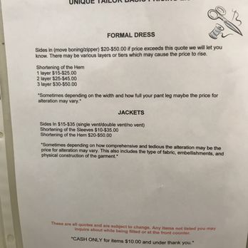 Unique Tailor - Formal dress and jacket pricing list - Sewing & Alterations Near Me - Dallas, Texas Unique Tailor - Formal dress and jacket pricing list - Sewing & Alterations Near Me - Dallas, Texas