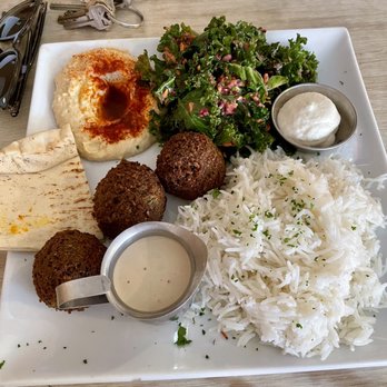 Crimson - #6 Falafel Veggie Plate with hummus and Kale Salad - Mediterranean Near Me - Santa Monica, California Crimson - #6 Falafel Veggie Plate with hummus and Kale Salad - Mediterranean Near Me - Santa Monica, California