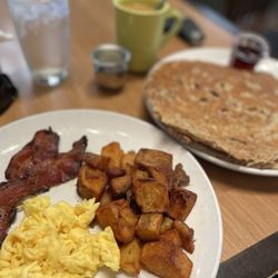 Megg's Cafe - Threedom of Choice: Scrambled Eggs, Brown Butter Pecan Pancakes Short Stack, Jalapeno Bacon