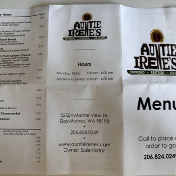 Auntie Irene's Coffee Shop - Menu (July 2026) - Ice Cream & Frozen Yogurt Near Me - Des Moines, Washington