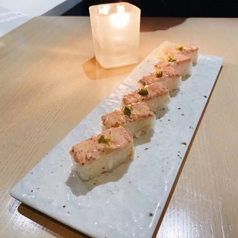 Miku - Ebi Oshi Sushi: pressed prawn on molded rice with lime zest and ume (plum) sauce - Japanese Near Me - Vancouver, British Columbia