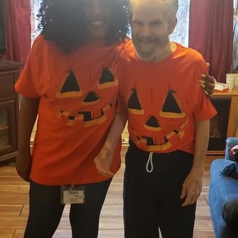 Senior Helpers - Our Caregiver, Gretta, dressed up as a pumpkin with her client for Halloween! - Home Health Care Near Me - Clovis, California Senior Helpers - Our Caregiver, Gretta, dressed up as a pumpkin with her client for Halloween! - Home Health Care Near Me - Clovis, California
