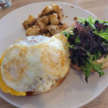 The Peppered Pig - Breakfast burger before assembly - New American Near Me - Webster, New York The Peppered Pig - Breakfast burger before assembly - New American Near Me - Webster, New York