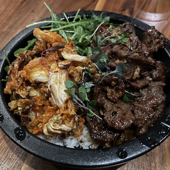 Fúdo - Gyu-don rice bowl with short rib meat, fried kimchi and arugula. - Asian Fusion Near Me - Chamblee, Georgia Fúdo - Gyu-don rice bowl with short rib meat, fried kimchi and arugula. - Asian Fusion Near Me - Chamblee, Georgia