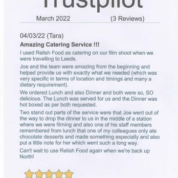 Relish Food - Trustpilot
March 2022
Happy Customers
#outofthisworld #catering #leeds #caterers #fresh #cateringinleeds - Caterers Near Me - Leeds, XWY Relish Food - Trustpilot
March 2022
Happy Customers
#outofthisworld #catering #leeds #caterers #fresh #cateringinleeds - Caterers Near Me - Leeds, XWY