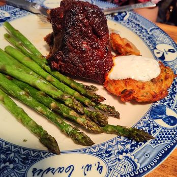 MoCo's Founding Farmers - Beef short rib with potato latkes (there were 2) and asparagus - New American Near Me - Potomac, Maryland MoCo's Founding Farmers - Beef short rib with potato latkes (there were 2) and asparagus - New American Near Me - Potomac, Maryland