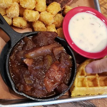Dr. Rolf's Barbeque - 2 meats 2 sides. Babyback ribs, tots, fried apples, homemade sweet pickles,, and cornbread waffle with honey butter. - Barbeque Near Me - Muskegon, Michigan Dr. Rolf's Barbeque - 2 meats 2 sides. Babyback ribs, tots, fried apples, homemade sweet pickles,, and cornbread waffle with honey butter. - Barbeque Near Me - Muskegon, Michigan