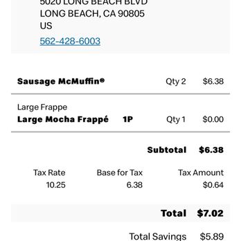 McDonald's - Receipt from mocha frappe - Fast Food Near Me - Long Beach, California McDonald's - Receipt from mocha frappe - Fast Food Near Me - Long Beach, California