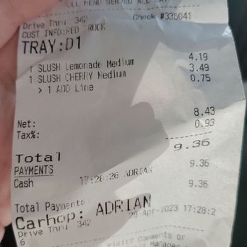 Sonic Drive-In - The receipt for our incorrect order. I could have bought an entire lime. - Fast Food Near Me - Palatine, Illinois